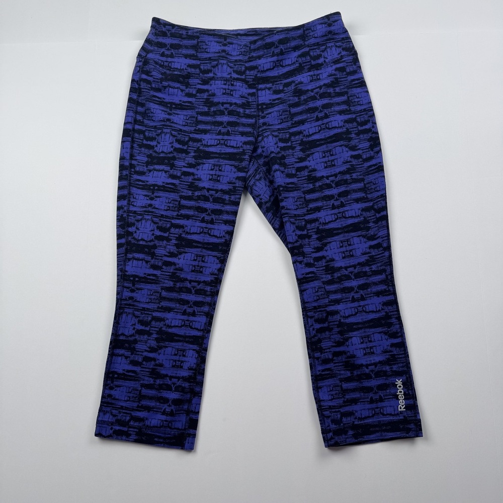 Reebok Pants Womens Medium (26x18) Purple Black Abstract Capri Leggings Gym Yoga